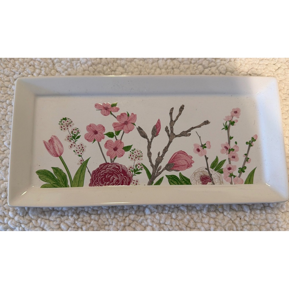 Grove Co Ceramic Floral Rectangular Vanity Tray Botanical Pink Flowers 10x4